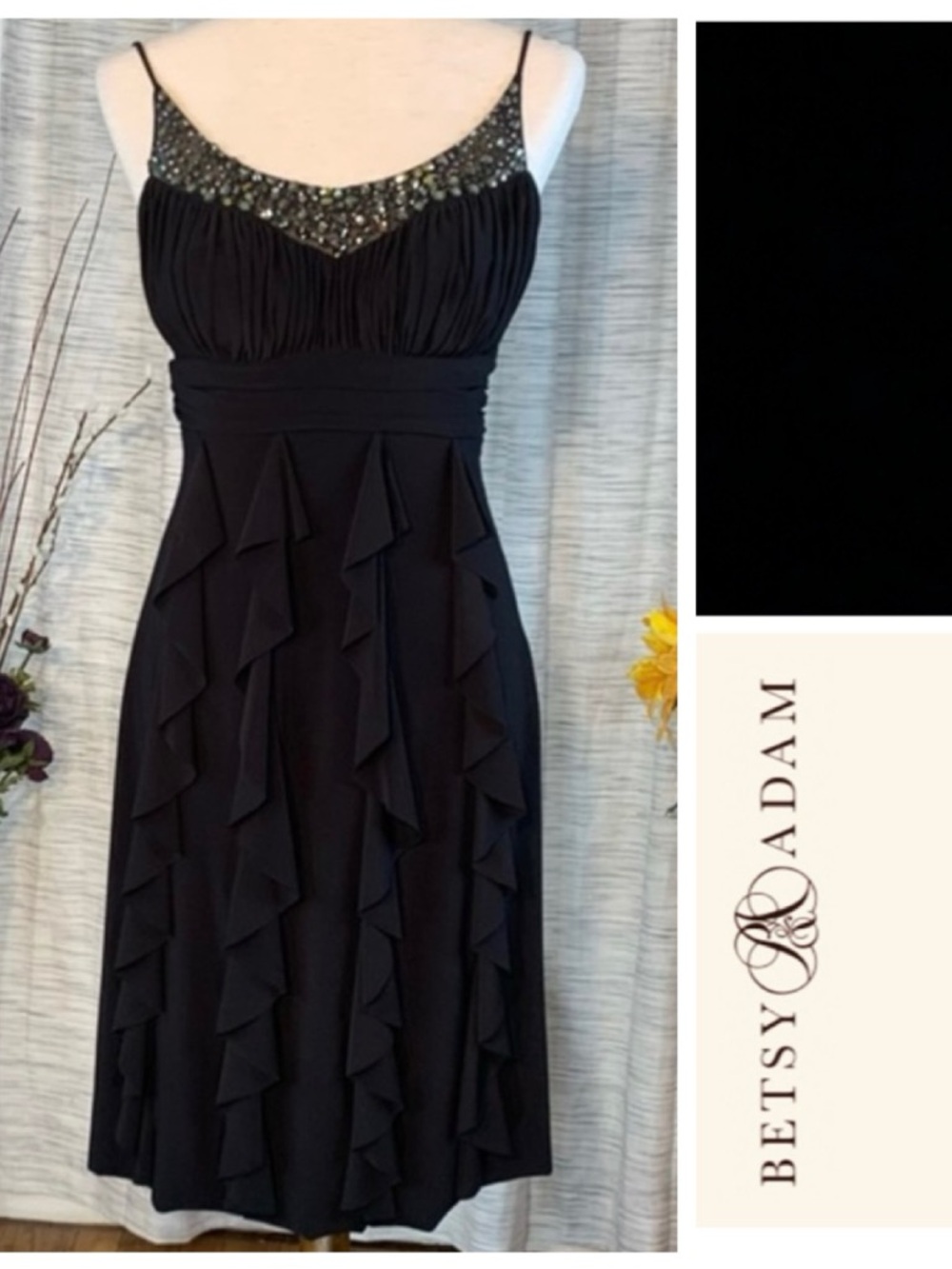Betsy & Adam solid black sleeveless with spaghetti straps party dress.